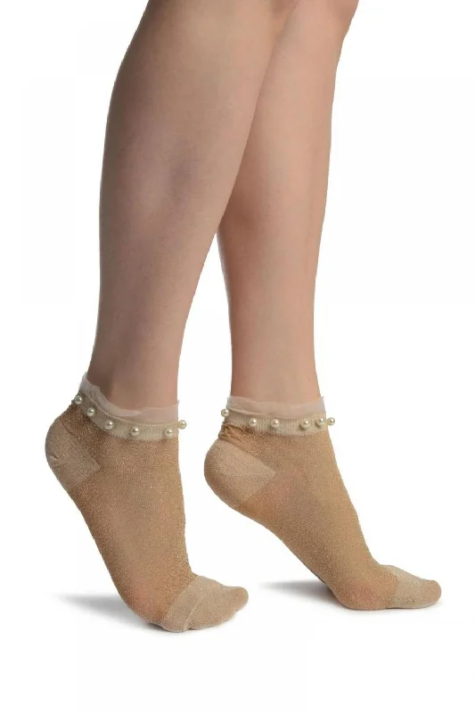 Women's compression socks for improved circulationBeige With Lurex, Pearls & Frills Top Footsies Socks Women's compression socks for improved circulationBeige With Lurex, Pearls & Frills Top Footsies Socks