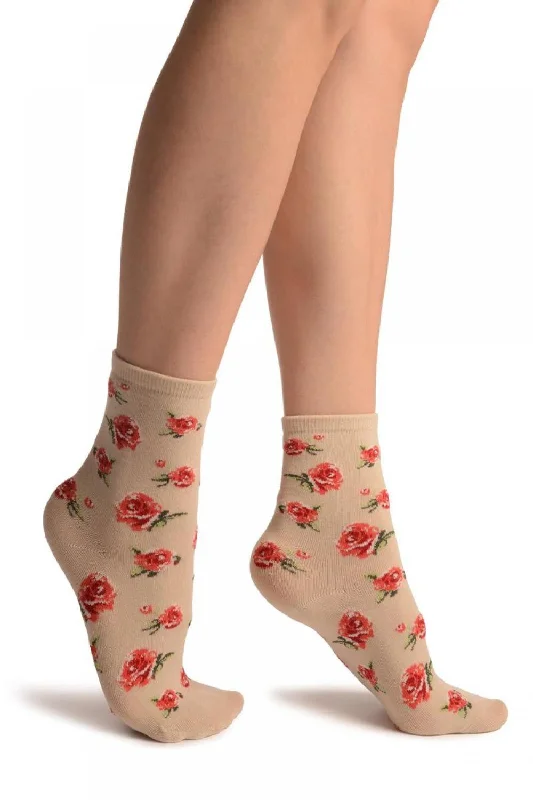 Women's quick - dry socks for water activitiesBeige With Red Woven Roses Ankle High Socks Women's quick - dry socks for water activitiesBeige With Red Woven Roses Ankle High Socks