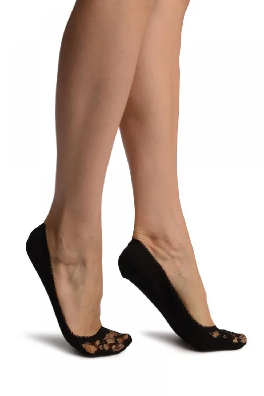 Women's cushioned sole socks for shock absorptionBlack Cotton With Floral Lace Front Footies Women's cushioned sole socks for shock absorptionBlack Cotton With Floral Lace Front Footies
