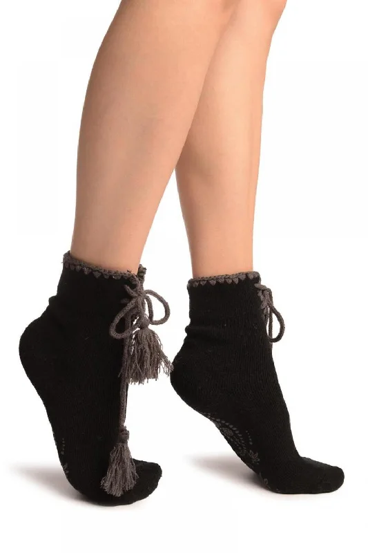 Women's knee - high socks with lace trimBlack Lace Up With Silicon Grip Angora Ankle High Socks Women's knee - high socks with lace trimBlack Lace Up With Silicon Grip Angora Ankle High Socks