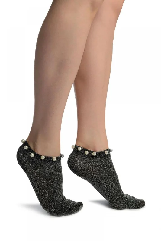 Women's crew socks with a polka - dot printBlack With Silver Lurex & Pearls Footsies Socks Women's crew socks with a polka - dot printBlack With Silver Lurex & Pearls Footsies Socks