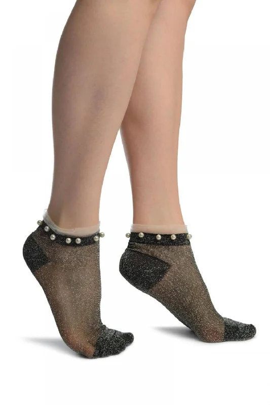 Women's argyle - patterned thigh - high socksBlack With Silver Lurex, Pearls & Frills Top Footsies Socks Women's argyle - patterned thigh - high socksBlack With Silver Lurex, Pearls & Frills Top Footsies Socks
