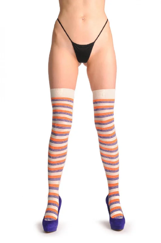 Women's ankle socks with a frilly edgeCream Orange & Purple Thin Stripes