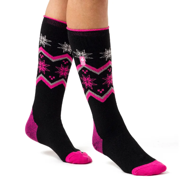 Women's knee - high socks with lace trimLadies Ultra Lite Long Ski & Snow Sports Socks - Black & Pink Fairisle Women's knee - high socks with lace trimLadies Ultra Lite Long Ski & Snow Sports Socks - Black & Pink Fairisle