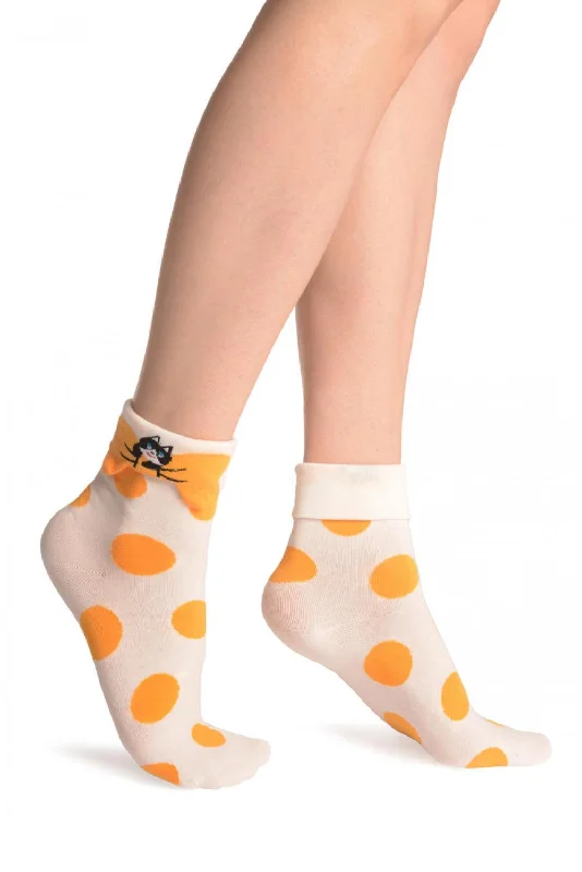 Women's arch - support socks for better comfortLarge Polka Dot With Flip Bow & Kitty Cream Ankle High Socks Women's arch - support socks for better comfortLarge Polka Dot With Flip Bow & Kitty Cream Ankle High Socks