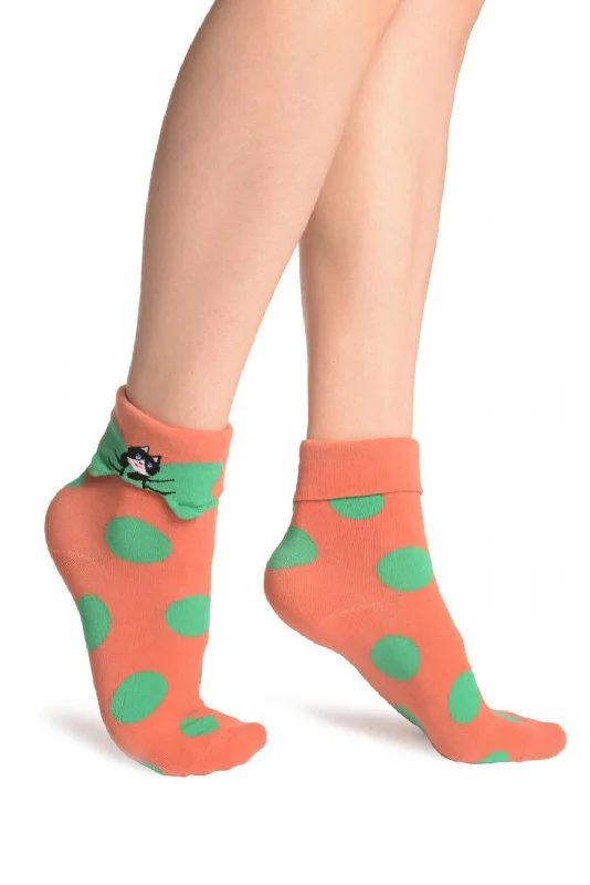 Women's wool - rich socks for winter warmthLarge Polka Dot With Flip Bow & Kitty Terracotta Ankle High Cocks Women's wool - rich socks for winter warmthLarge Polka Dot With Flip Bow & Kitty Terracotta Ankle High Cocks
