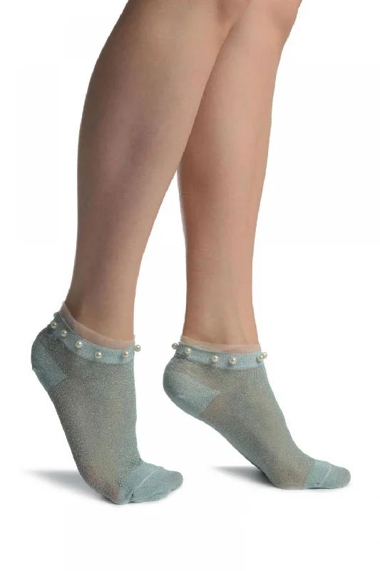 Women's over - the - calf socks with a stripe designPowder Blue With Lurex, Pearls & Frills Top Footsies Socks Women's over - the - calf socks with a stripe designPowder Blue With Lurex, Pearls & Frills Top Footsies Socks