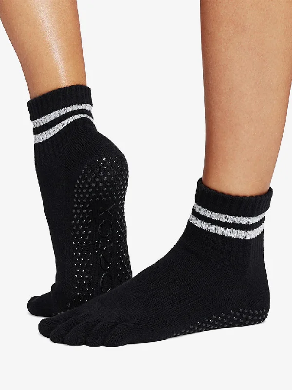 Women's satin - trimmed socks for a touch of eleganceToeSox Full Toe Melody Grip Socks - Silver Stripe Women's satin - trimmed socks for a touch of eleganceToeSox Full Toe Melody Grip Socks - Silver Stripe