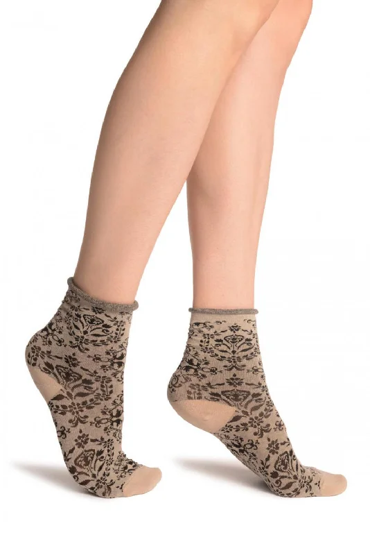 Women's thermal socks for cold weatherVersailles Pattern With Rolling Top on Mocha Ankle High Socks Women's thermal socks for cold weatherVersailles Pattern With Rolling Top on Mocha Ankle High Socks