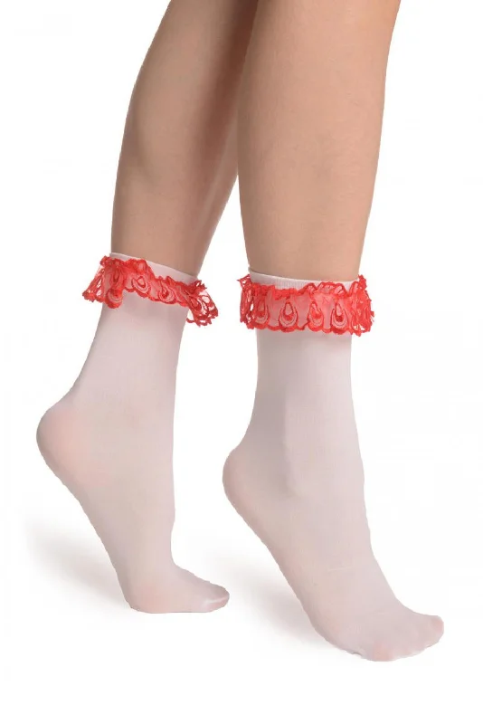 Women's spandex - infused socks for stretchWhite Opaque With Red Lace Ankle Hight Socks 60 Den Women's spandex - infused socks for stretchWhite Opaque With Red Lace Ankle Hight Socks 60 Den