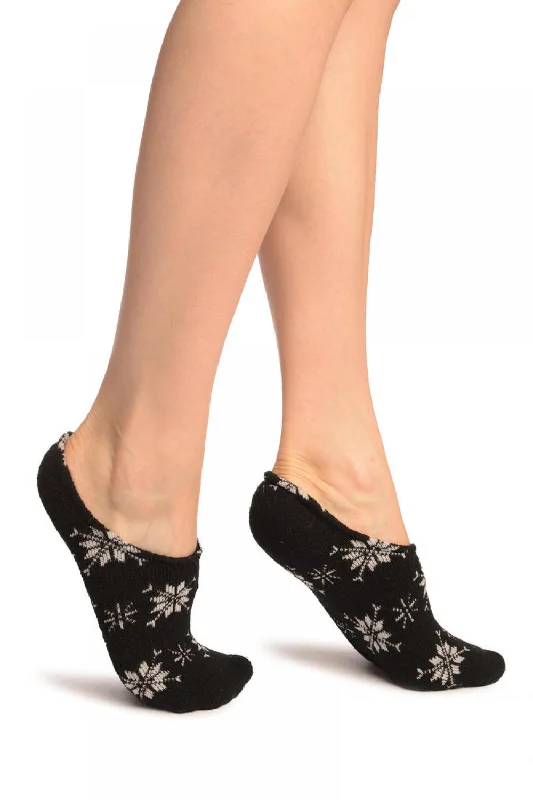 Women's satin - trimmed socks for a touch of eleganceWhite Snowflakes On Black Angora Footies Socks Women's satin - trimmed socks for a touch of eleganceWhite Snowflakes On Black Angora Footies Socks