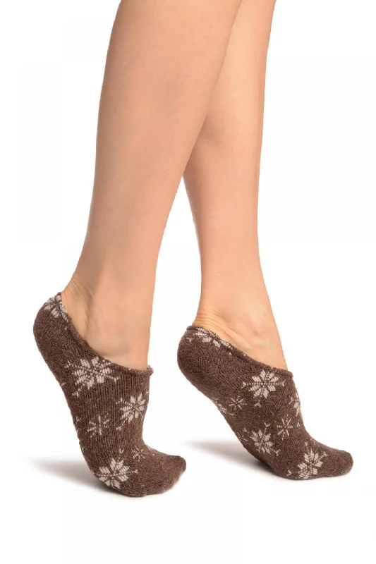 Women's cushioned sole socks for shock absorptionWhite Snowflakes On Brown Angora Footies Socks Women's cushioned sole socks for shock absorptionWhite Snowflakes On Brown Angora Footies Socks