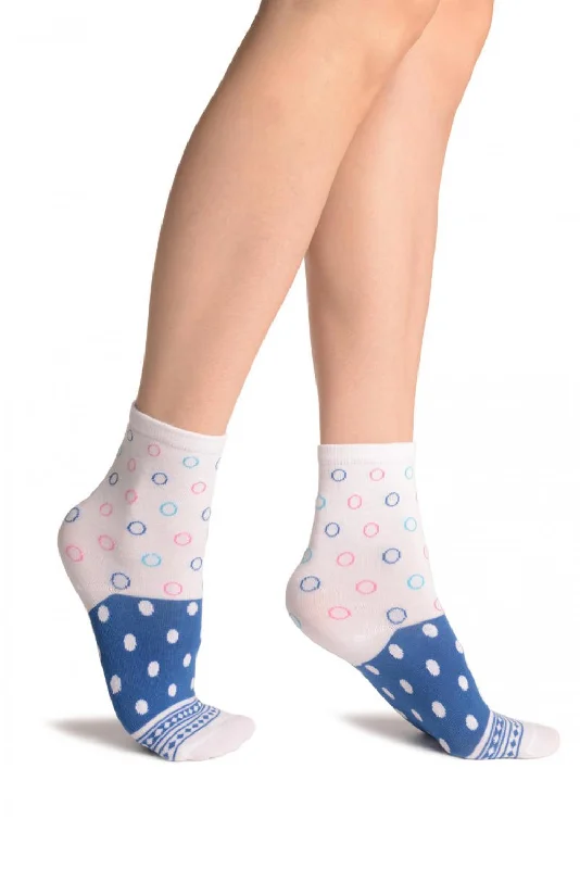 Women's moisture - wicking socks for sportsWhite With Wide Blue Dotted Stripe Ankle High Socks Women's moisture - wicking socks for sportsWhite With Wide Blue Dotted Stripe Ankle High Socks