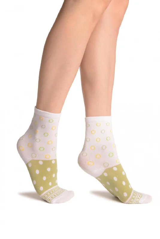Women's non - slip socks for safetyWhite With Wide Green Dotted Stripe Ankle High Socks Women's non - slip socks for safetyWhite With Wide Green Dotted Stripe Ankle High Socks