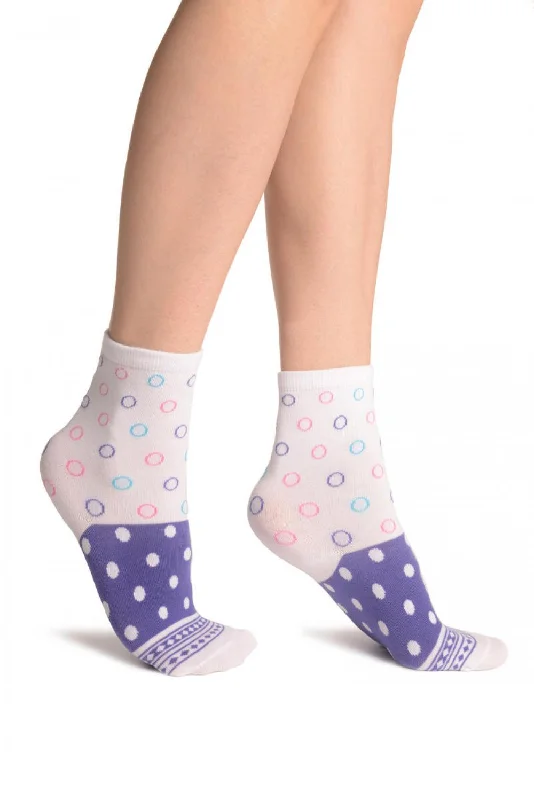 Women's spandex - infused socks for stretchWhite With Wide Purple Dotted Stripe Ankle High Socks Women's spandex - infused socks for stretchWhite With Wide Purple Dotted Stripe Ankle High Socks