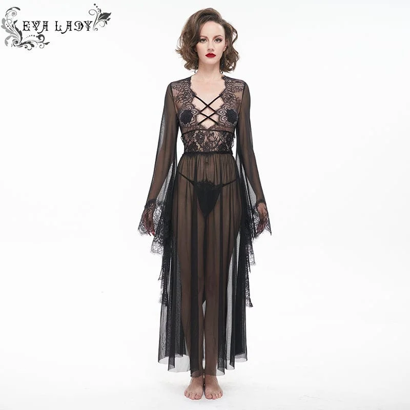 Women's sheer over - the - knee socks for a sexy appealWomen's Gothic Flare Sleeved Backless Sheer Sexy Nightgown Women's sheer over - the - knee socks for a sexy appealWomen's Gothic Flare Sleeved Backless Sheer Sexy Nightgown